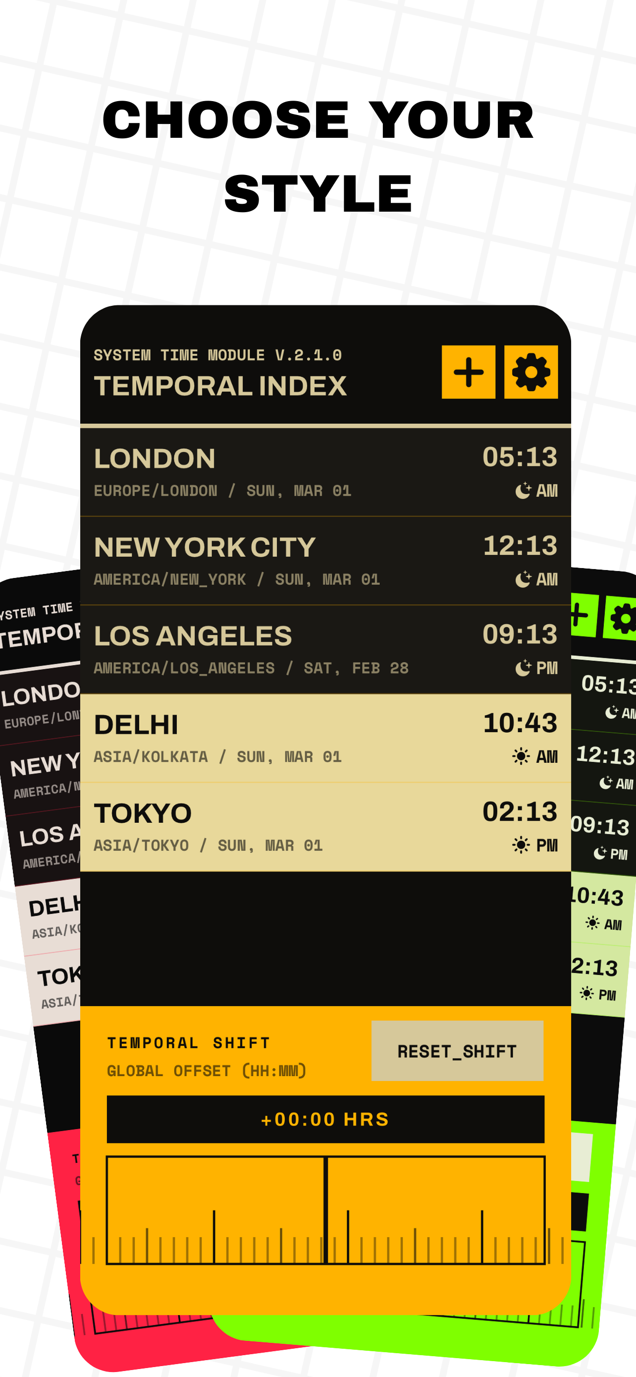 Retro app showing multiple selectable colour themes